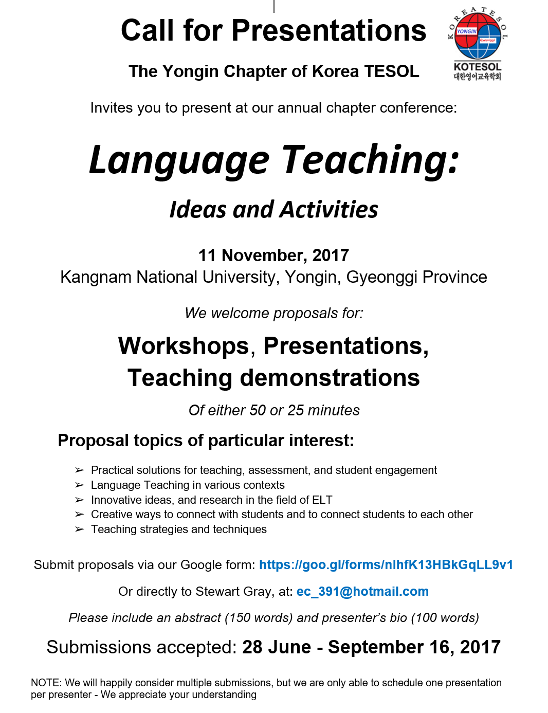 Yongin KOTESOL Chapter Annual Conference Seeks Presenters (2017)